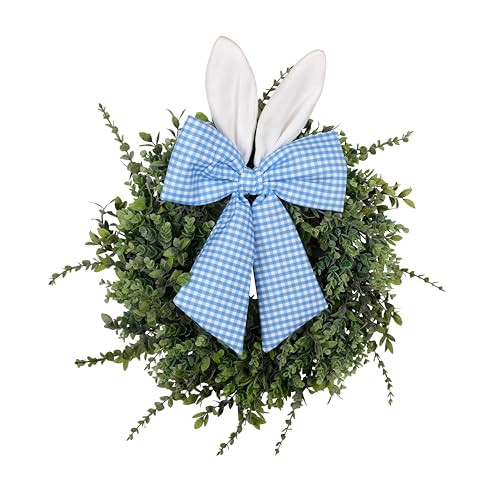 24" Easter Wreath for Front Door, Artificial Green Boxwood Spring Wreath with Bunny Ears & Blue Plaid Bow, Spring Easter Outdoor/Indoor Decor for Home Farmhouse Office Porch Wall Mantel Window | Amazon (US)