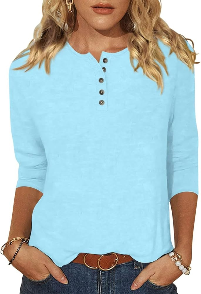 EADINVE Womens Crew Neck 3/4 Sleeve Tops Basic Button T-Shirts Solid Loose Cute Tunic Tee Blouses... | Amazon (US)