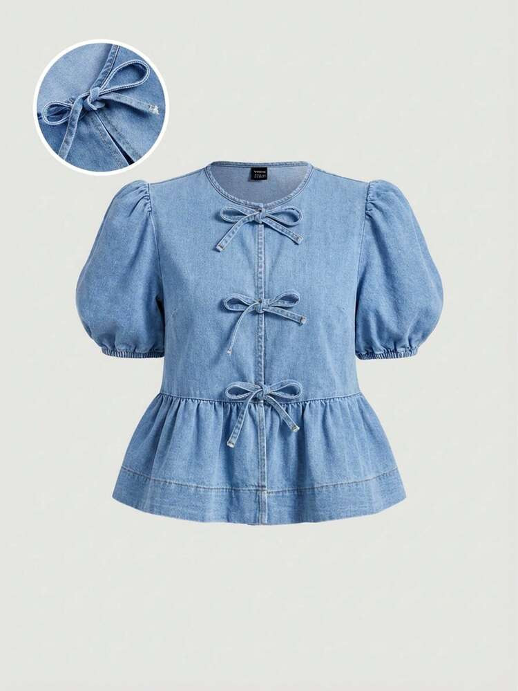 SHEIN MOD Blusa De Mezclilla Casual De Mujer Con Mangas Abullonadas, Lazo Delantero Y Dobladillo Con Volantes, Para Verano | SHEIN