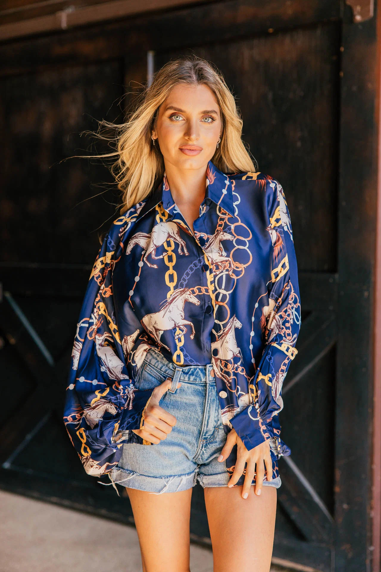 NEW!! Horseprint Satin Top in Navy | Glitzy Bella