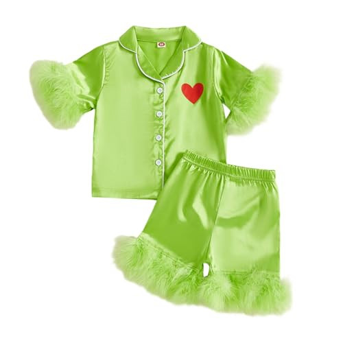 Qiylii Toddler Girl Christmas Silk Pajamas Green Short Sleeve Button-Up Top Shorts 2PC Feather Trim Xmas Satin Pajamas Set (Green 6-12 Months) | Amazon (US)