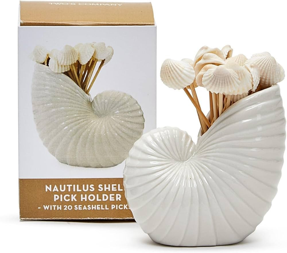 Two's Company Nautilus Shell with 20 Seashell Picks, 3-inch Height, Ceramic, Toothpick Holder | Amazon (US)
