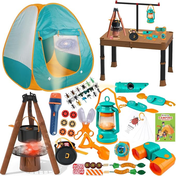 Kids Camping Set 50pcs with Folding Storage Table/Tent & Children’s Projector Flashlight- Outdo... | Amazon (US)