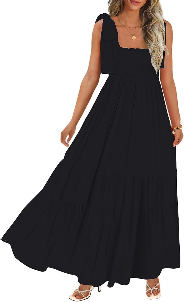 Women's Summer Maxi Dress Boho Spaghetti Straps Casual Long A-line Smocked Beach Dress Square Nec... | Amazon (US)