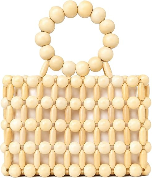 Beaded Bag Wooden Beads Woven Handbag with Round Handle Handmade Natural Small Clutch Women Summe... | Amazon (US)