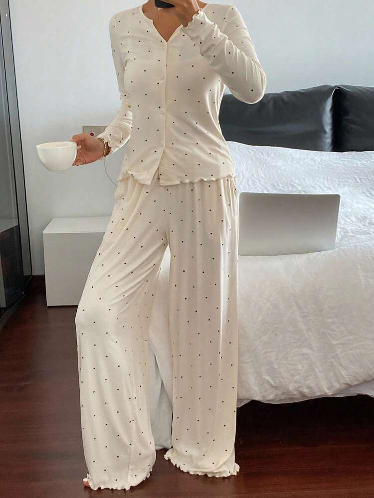 DAZY Women's Polka Dot Print Long Sleeve Pajama Set, Fall & Winter Clothes | SHEIN