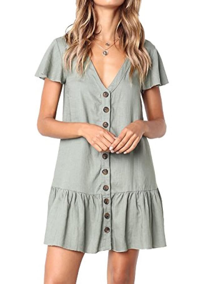 FOUR CLOUR Women's Casual Summer Deep V Neck Button Down Short Sleeve Mini Dress | Amazon (US)