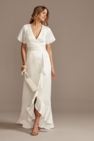 Flutter Sleeve Stretch Satin Dress with Ruffle Hem | Davids Bridal