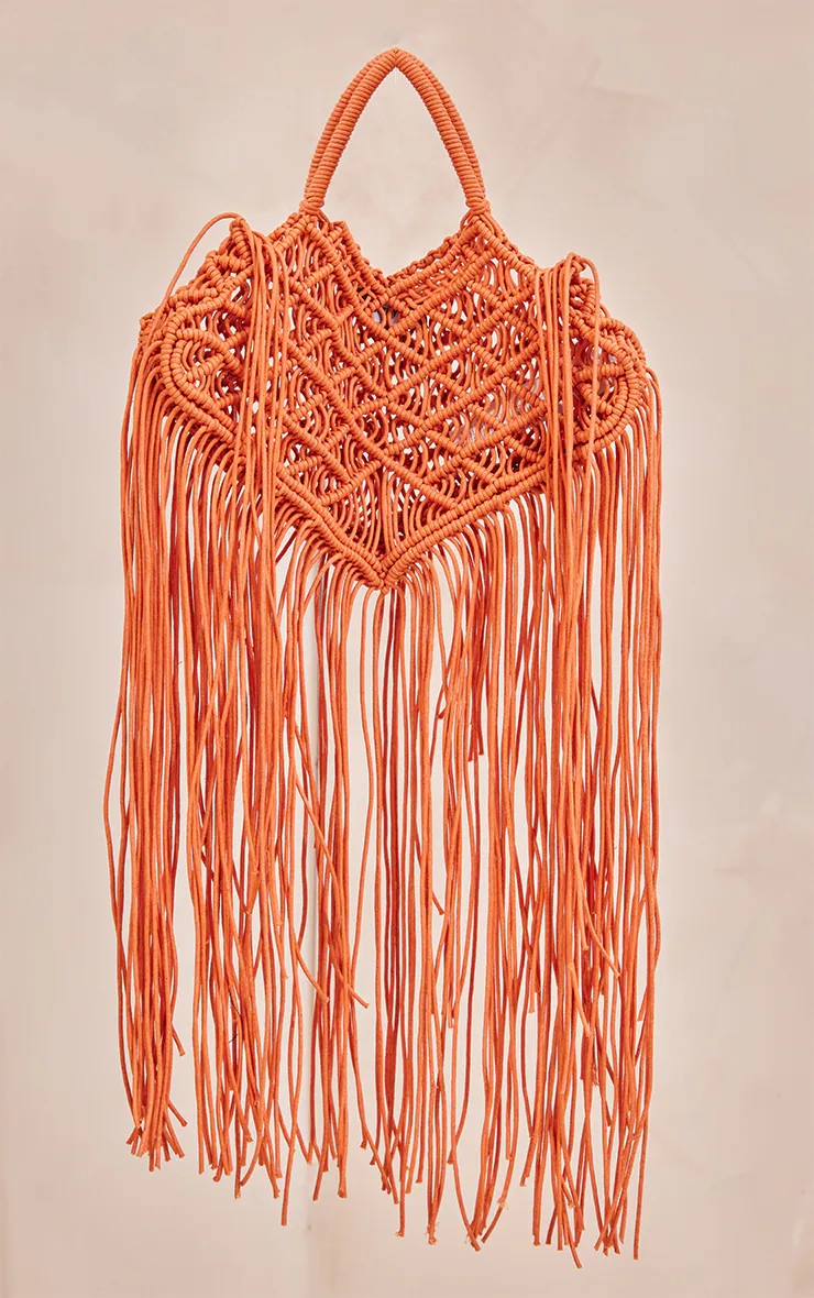 Bright Orange Macrame Tassel Beach Bag | PrettyLittleThing US