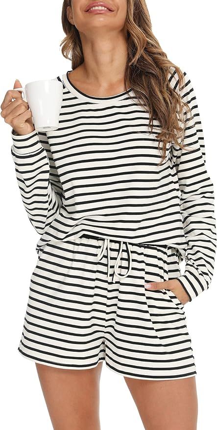 YOZLY Pajamas for Women Cotton Lounge Sets 2 Piece Sleepwear Long Sleeve Pj Tops with Shorts S-XX... | Amazon (US)