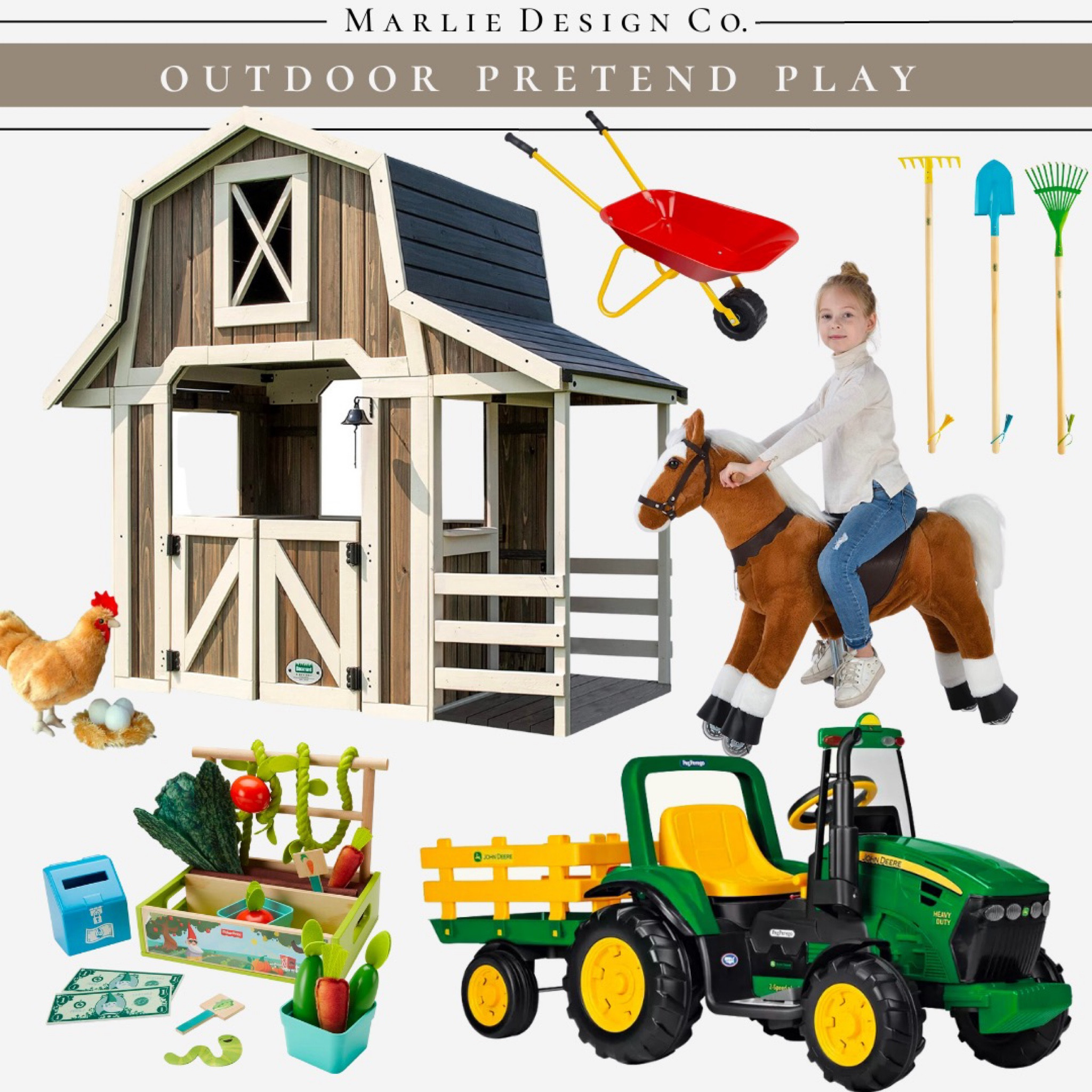 Outdoor Pretend Play | Summer activities | outdoor play house | outdoor play barn | ride on tractor | kids farm play | chicken | ride on horse | goat | calf | play vegetables | kids gardening kit | Target | Walmart | Wayfair | Melissa and Doug | kid kraft 

#LTKkids #LTKfamily #LTKbaby