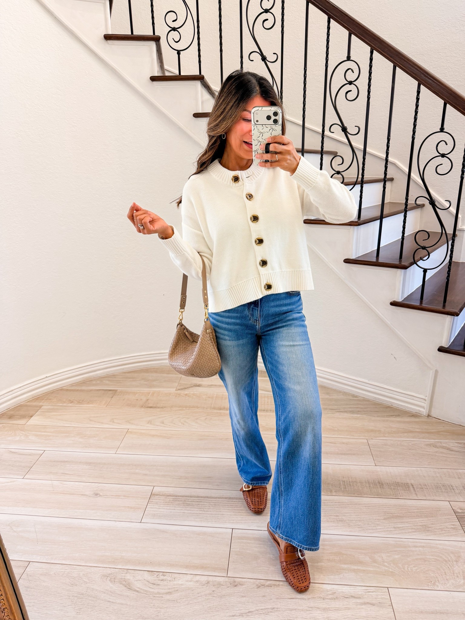 I’m 5’2” 118#ish for reference 
Cardigan in XS size down runs big, color Ivory. 
Jeans fit tts. In size 26, length 28”. 
#QuincePartner 
@onequince

#LTKPetite #LTKdayinmylife #LTKOver40