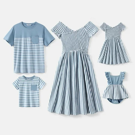 PatPat Mommy and Me Family Matching Blue Striped Off Shoulder Short-sleeve Shirred Dresses and Splic | Walmart (US)