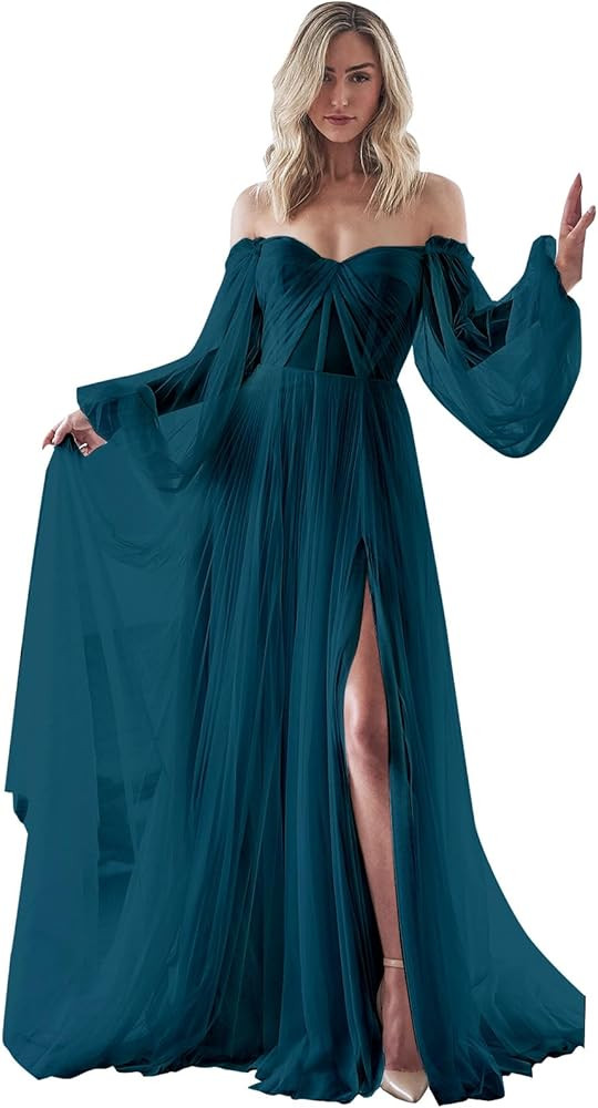 Strapless Prom Dress Long Bell Sleeve Sheer Corset Top A Line Tulle Wedding Dresses for Bride Eve... | Amazon (US)