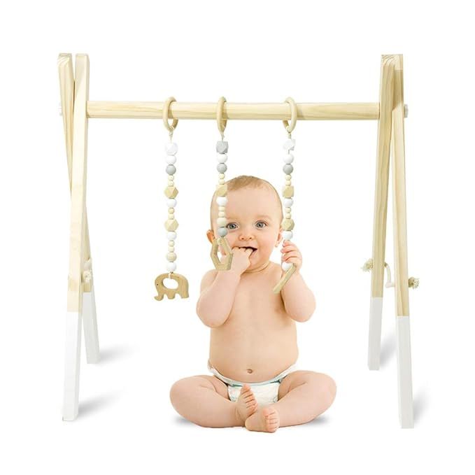 Homegician Wooden Baby Gym with 3 Wooden Baby Teething Toys Foldable Baby Wood Play Gym Frame Act... | Amazon (US)