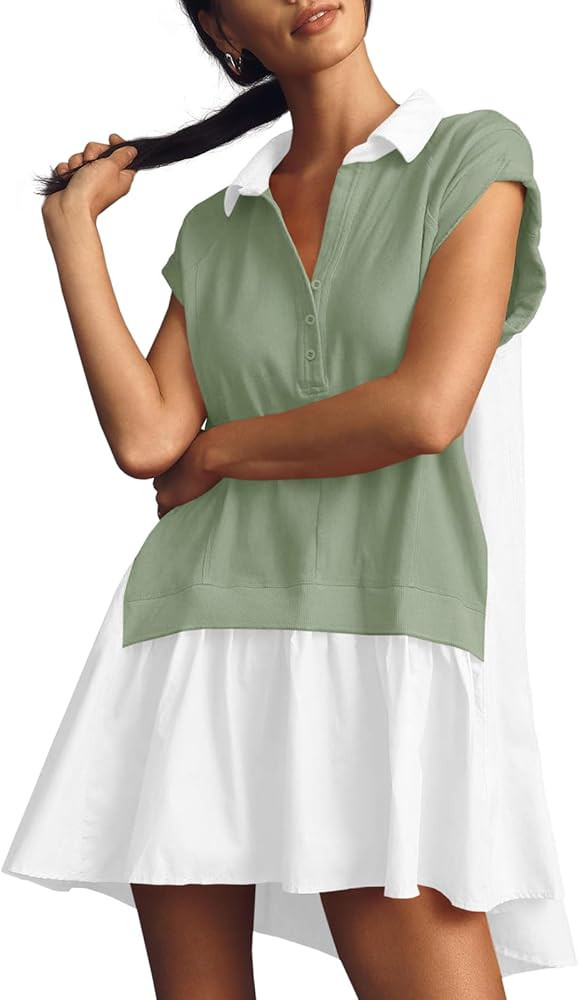 Amazon.com: Fisoew Womens Summer Sweatshirt Dresses Short Sleeve V Neck Casual Oversized Patchwor... | Amazon (US)