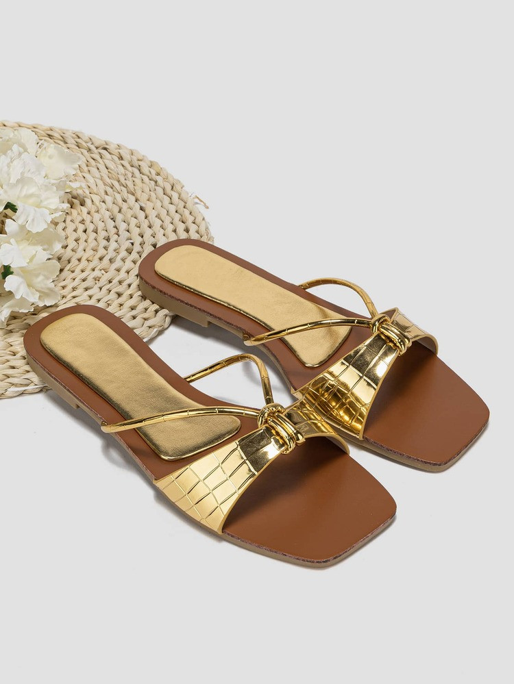 Glamorous Gold Slide Sandals For Women, Crocodile Embossed Knot Decor Sandals
       
           ... | SHEIN