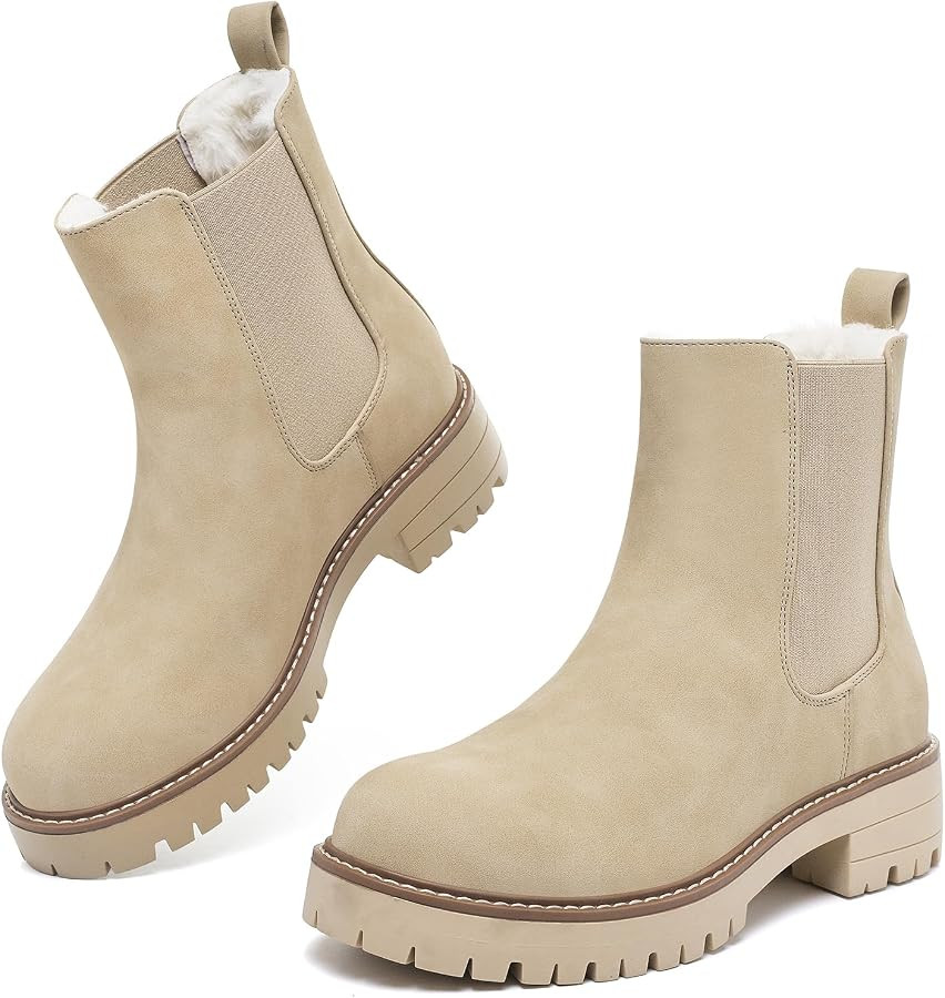 Chelsea Boots Women Winter Boots Fur Lined Chunky Lug Sole Ankle Booties | Amazon (US)