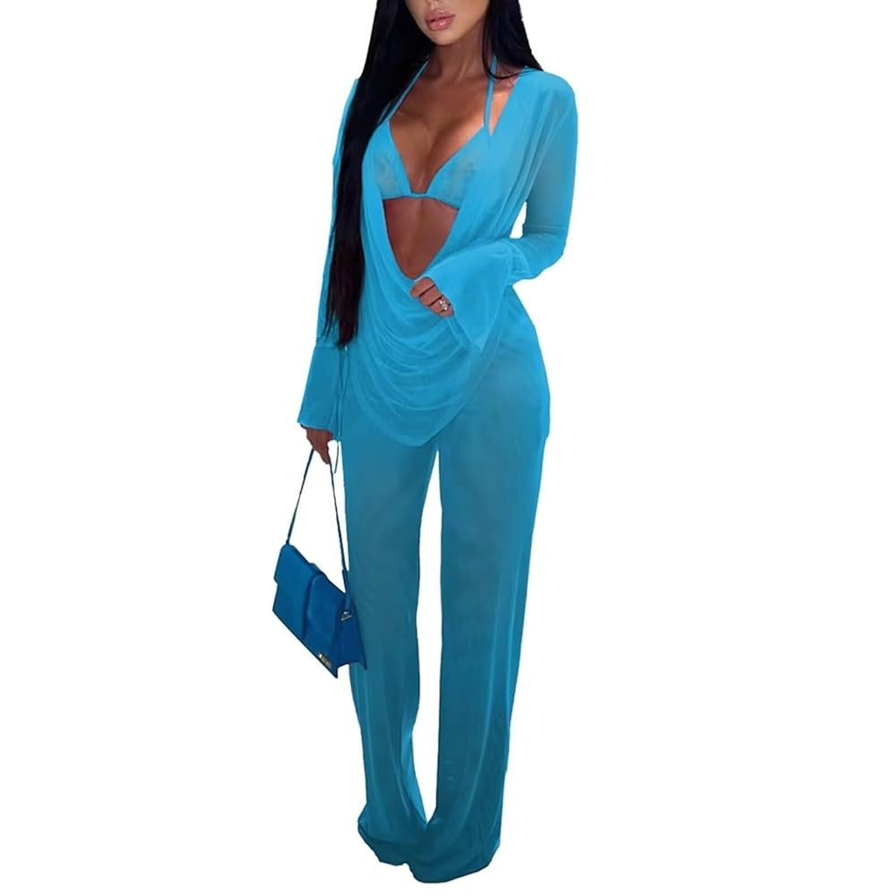 EDITCOZY Women Mesh Sheer 3pcs Outfits Long Sleeve Top Long Pant Bikini Cover Up | Amazon (US)