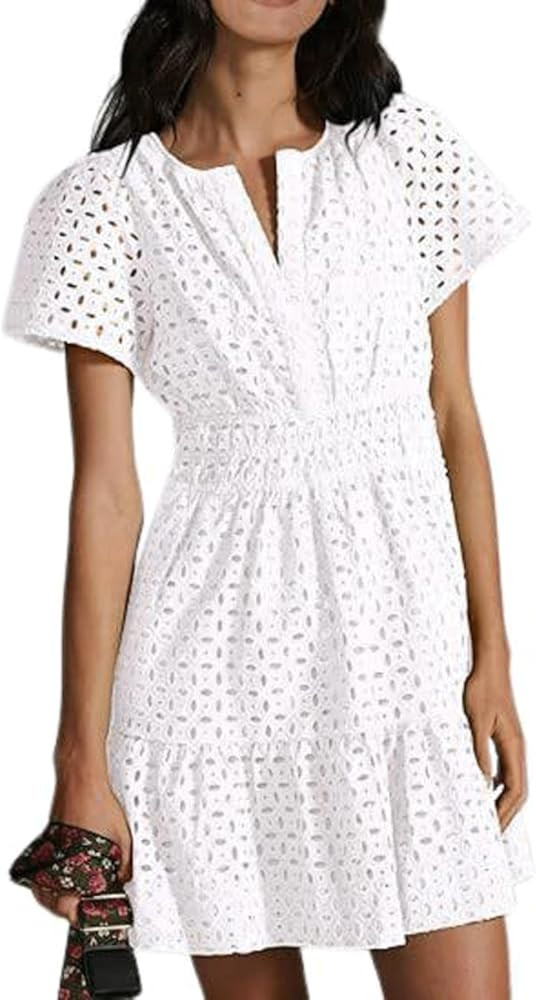 utcoco Lace Eyelet Mini Dress for Women 2025 Casual V Neck Short Sleeve Smocked Waist Tiered Boho... | Amazon (US)
