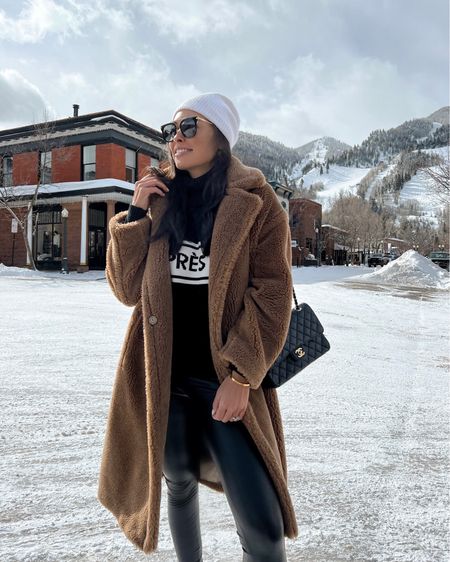 Kat Jamieson wears a teddy Sherpa coat, cashmere beanie, ski turtleneck, leather leggings and a Chanel bag in Aspen. Winter style, travel, cozy, layers. 

#LTKtravel #LTKSeasonal