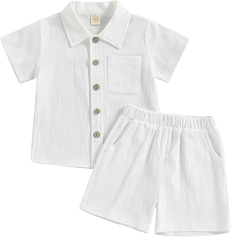 Hoanselay Baby Boy Cotton Linen Shorts Set Solid Color Short Sleeve Button Down T-Shirt Tops and ... | Amazon (US)