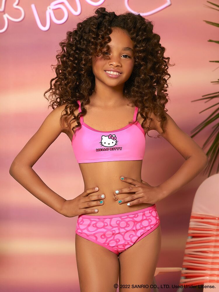 SHEIN X Hello Kitty and Friends Girls Cartoon Graphic Bikini Swimsuit | SHEIN