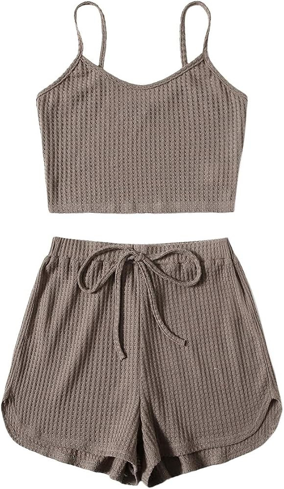 ROMWE Women's 2 Piece Pajama Set Crop Cami Tops and Shorts Lounge Set Outfit | Amazon (US)