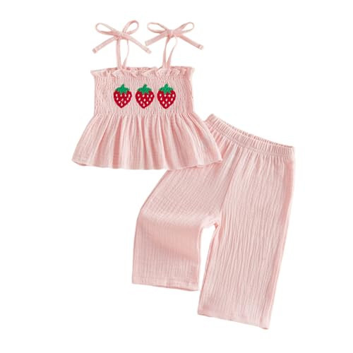 Socutebabe Toddler Baby Girl Summer Clothes Sleeveless Muslin Smocked Top Pants 6 9 12 18 Month 2 3 4 5 Year Cute Kids Outfit (Strawberry Pink, 18-24 Months) | Amazon (US)