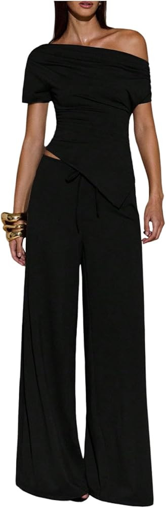 SweatyRocks Women's Off Shoulder 2 Piece Dressy Sets Wide Leg Pants | Amazon (US)