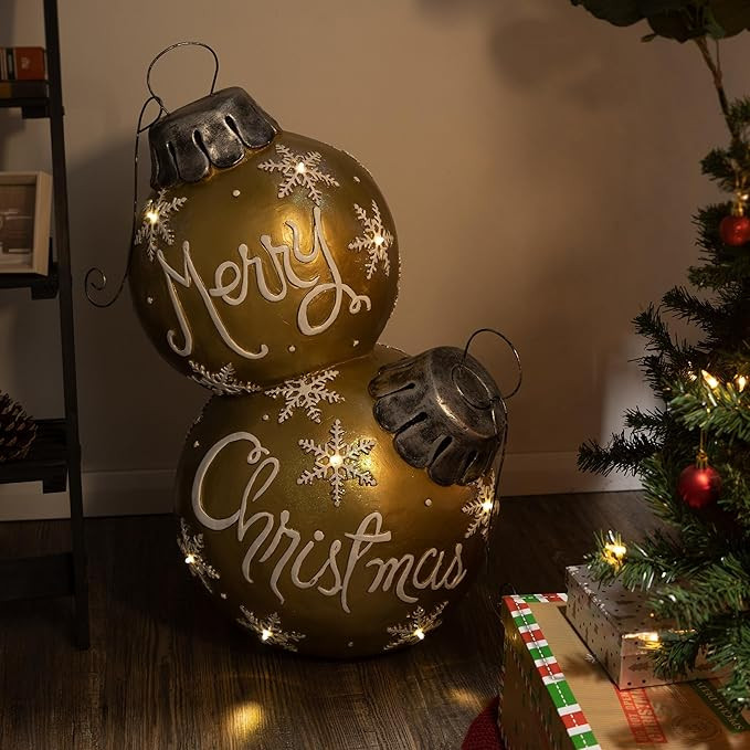 Alpine Corporation Holiday "Merry Christmas" Stacked Ornaments Statue with Color Changing LED Lig... | Amazon (US)