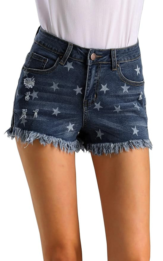 Hibluco Women's Star Print Summer Hot Denim Jean Shorts Frayed Tassel Hem | Amazon (US)