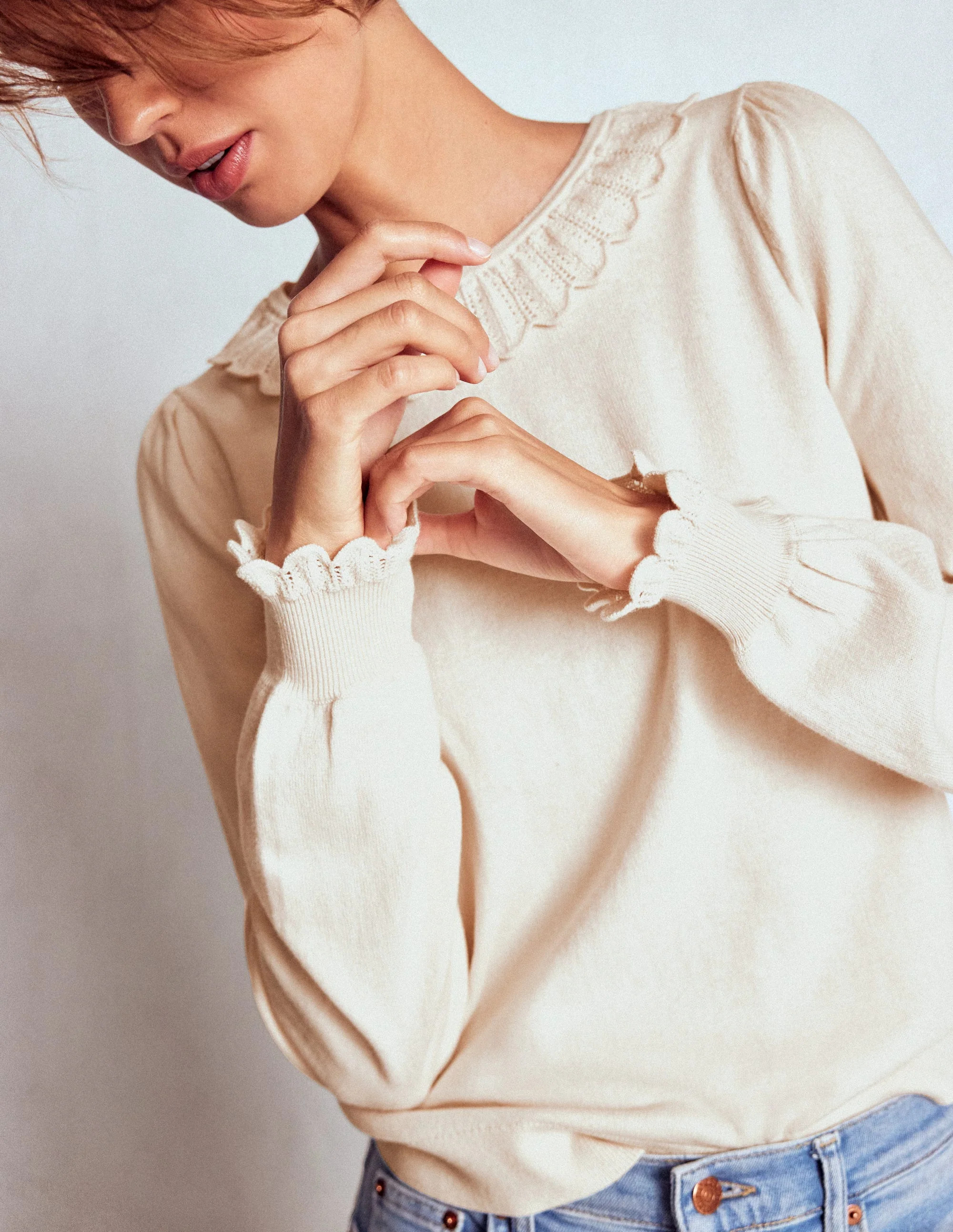 Melina Cotton Ruffle Sweater-Warm Ivory | Boden (US)