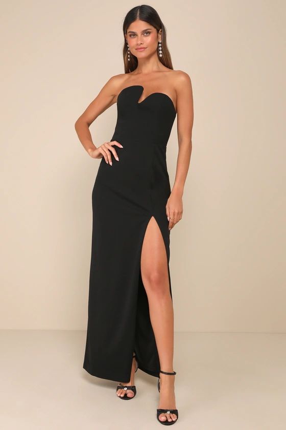 Black Strapless Asymmetrical Column Maxi Dress | Black Evening Dress | Black Tie Event Dress | Lulus