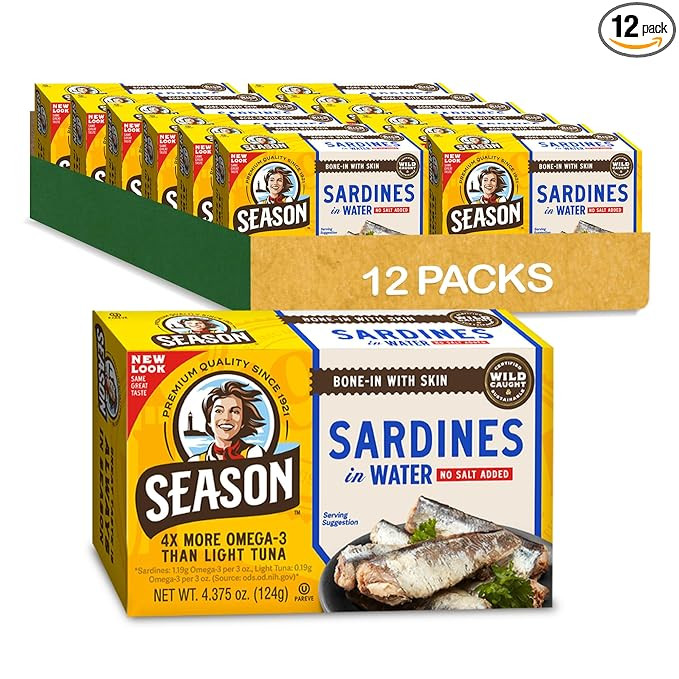 Season Sardines in Water - No Salt Added, Wild Caught, 22g of Protein, Keto Snacks, More Omega 3'... | Amazon (US)