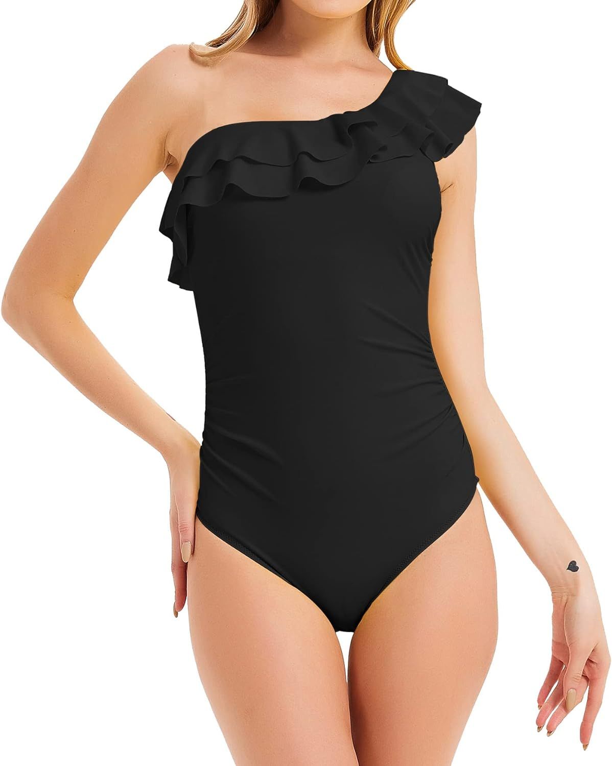 Annbon Women's One Piece Swimsuits One Shoulder Bathing Suits Asymmetric Ruffle Monokinis Swimwear | Amazon (US)