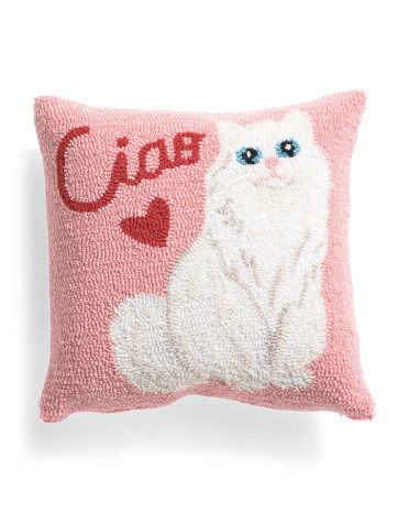 16X16 Ciao Cat Hooked Pillow, Polyester | TJ Maxx