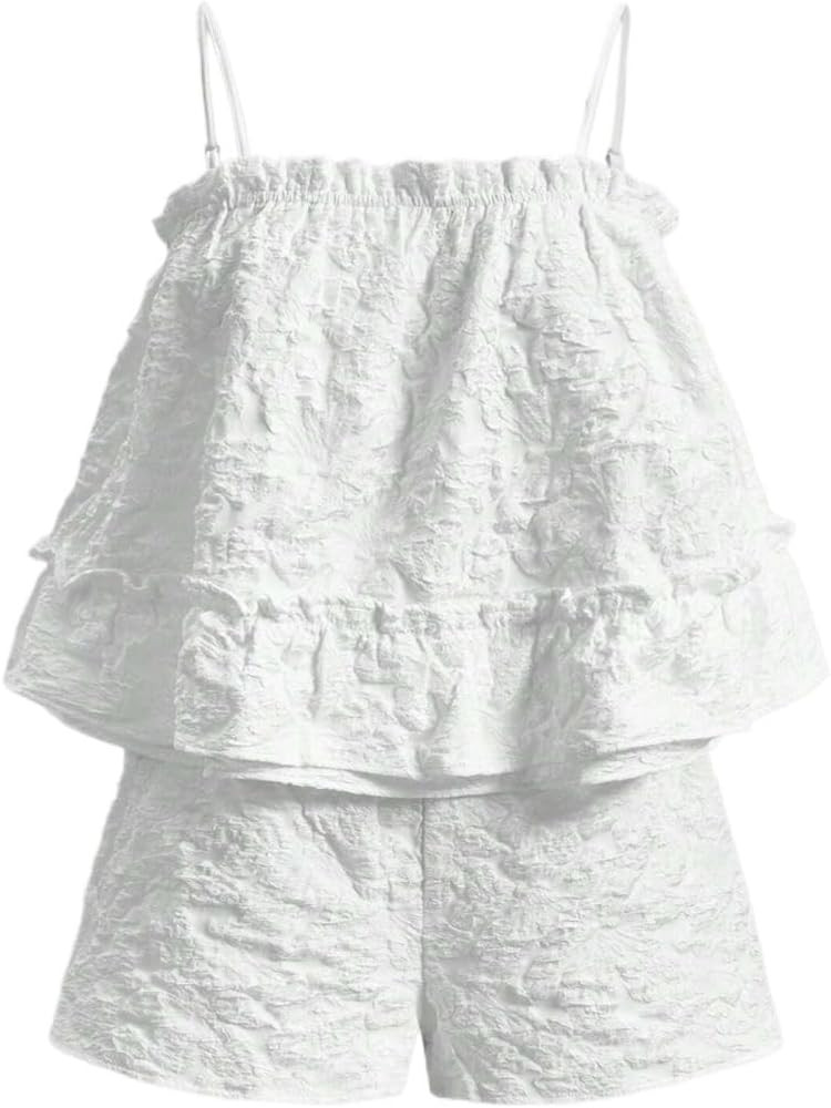 Womens 2 Piece Outfits Shorts Set, Solid Color Frill Trim Cami Top And Shorts Summer Sets For Wom... | Amazon (US)