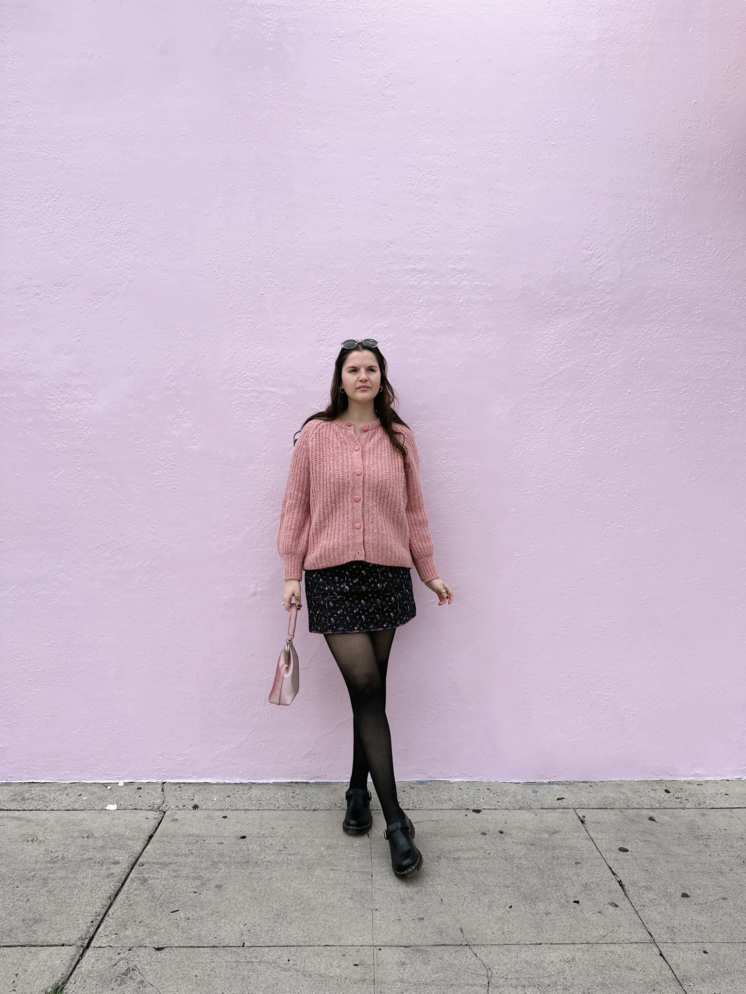 sezane EMILE CARDIGAN Mottled Pink, pastel, fall / winter, Alpaca and wool cardigan with long sleeves, Slightly oversized volume, sezane BETSY mini SKIRT Maxi Floral Patchwork, Quilted and printed short skirt, black and pink, Dr. Martens POLLEY SMOOTH LEATHER MARY JANES, black casual shoes, fall / winter, comfy shoes,  rayban round sunglasses, gold jewelry from Amazon (hoop earrings, rings), colorful clothing, black tights, pink top handle bag / purse

#LTKfindsunder100 #LTKfindsunder50 #LTKstyletip