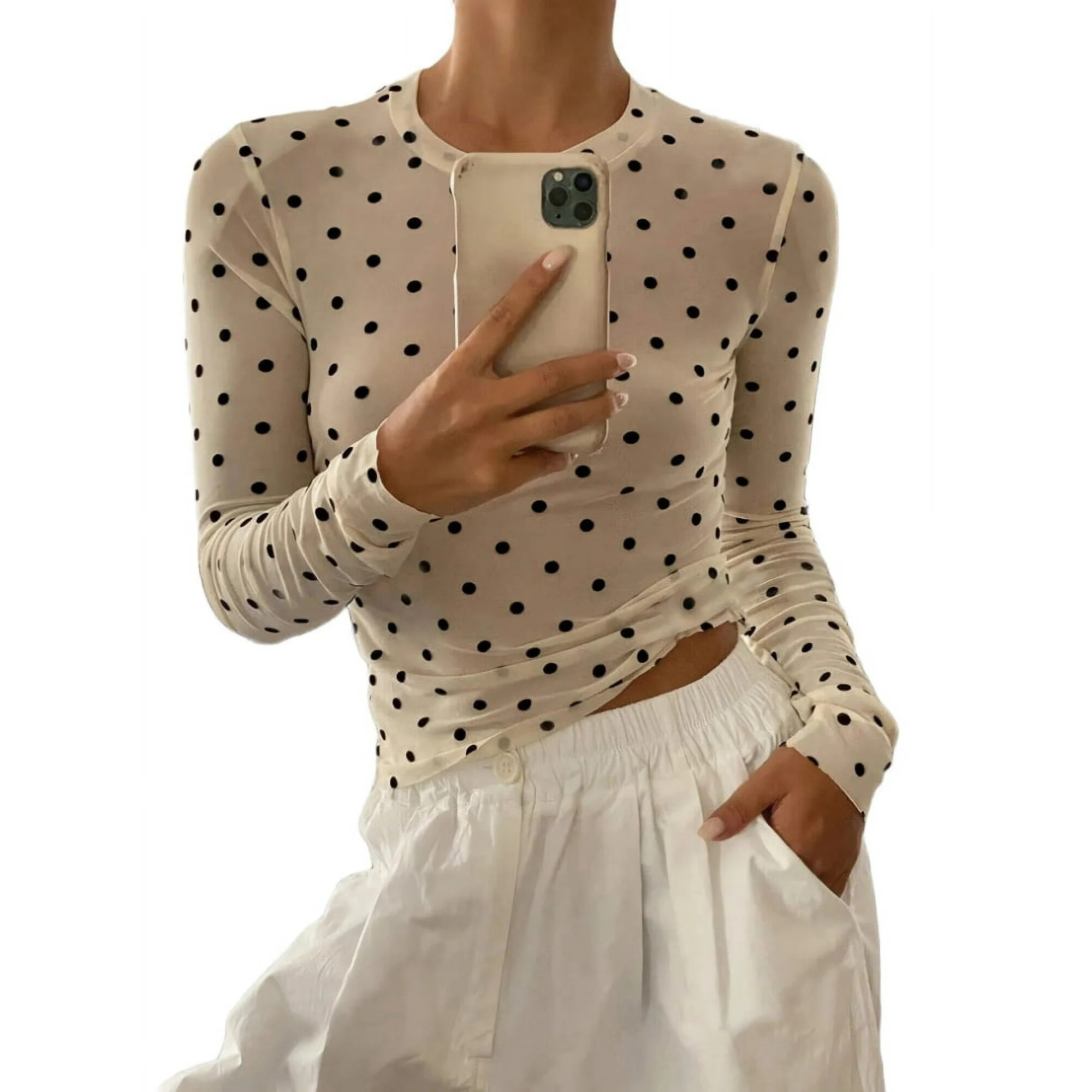 Women's Polka Dot Sheer Mesh Blouse, Long Sleeve Slim Fit Round Neck Top off white L | Walmart (US)