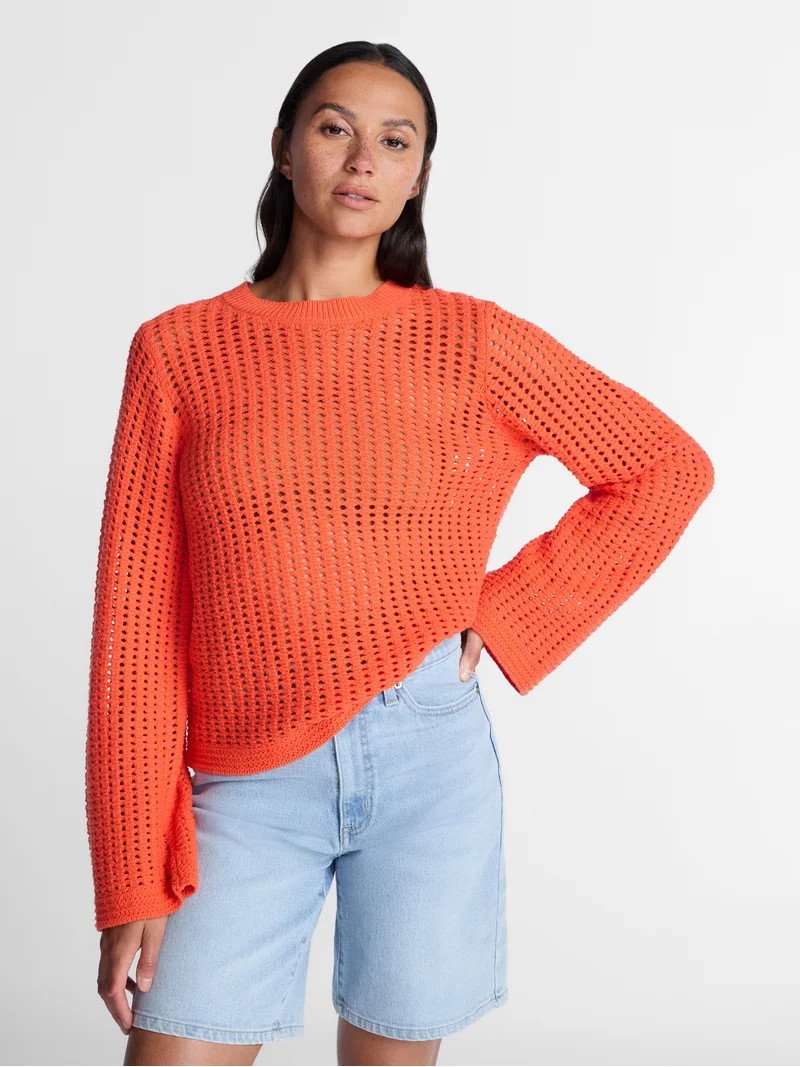 Time and Tru Women’s Textured Cotton Sweater with Long Sleeves, Lightweight, Sizes XS-XXXL | Walmart (US)