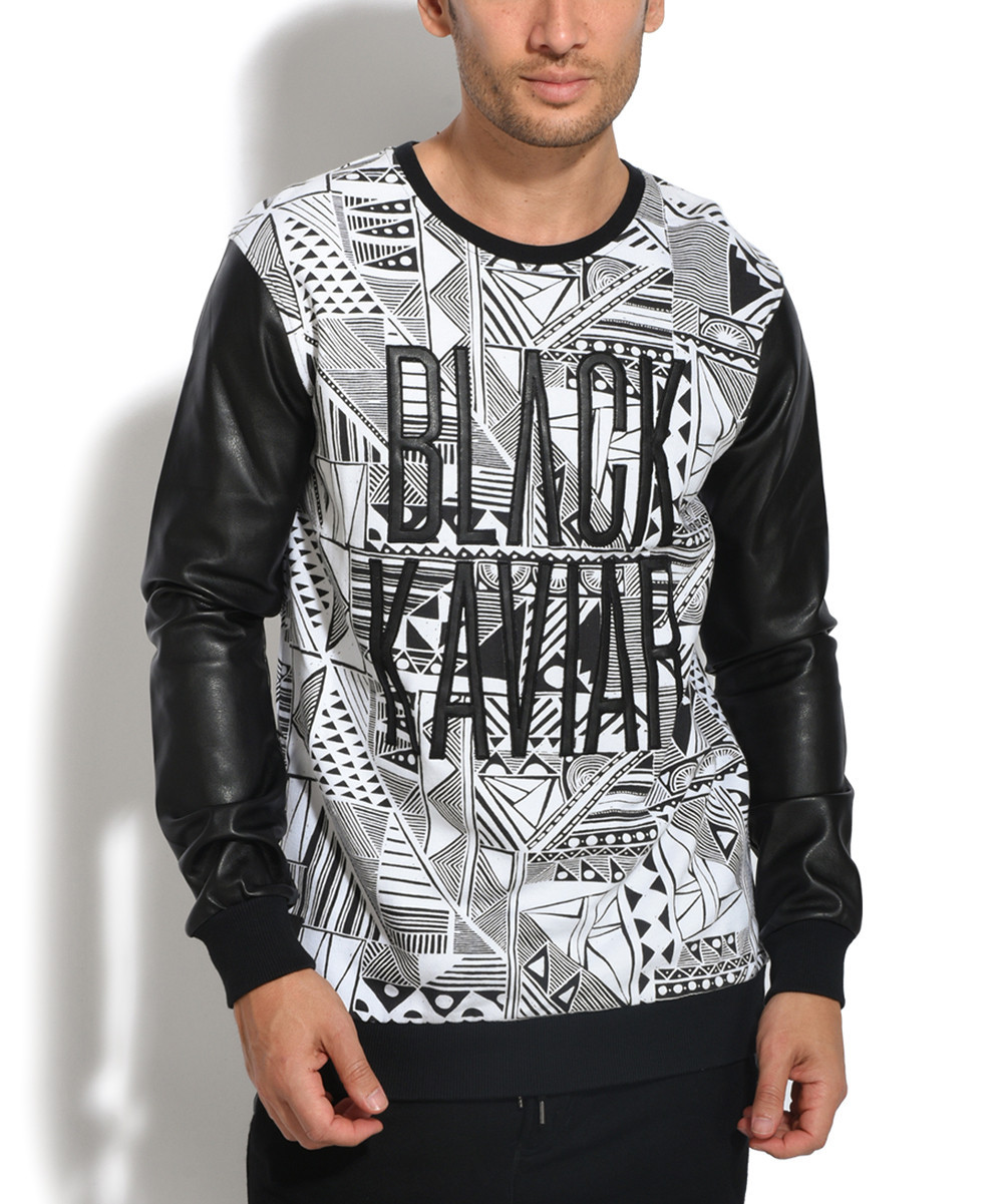Black Kaviar Men's Pullover Sweaters WHITE - Black Geometric Faux Leather Sleeve Crewneck Sweater -  | Zulily
