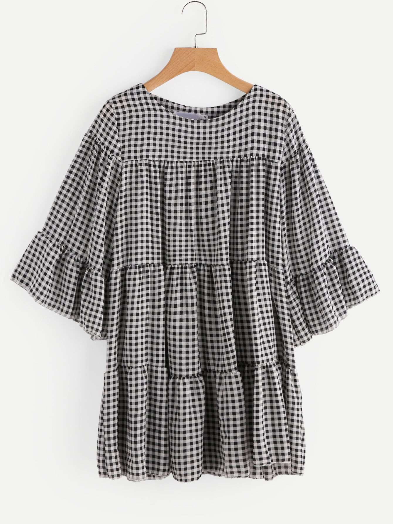 Gingham Tiered Bell Sleeve Dress | SHEIN