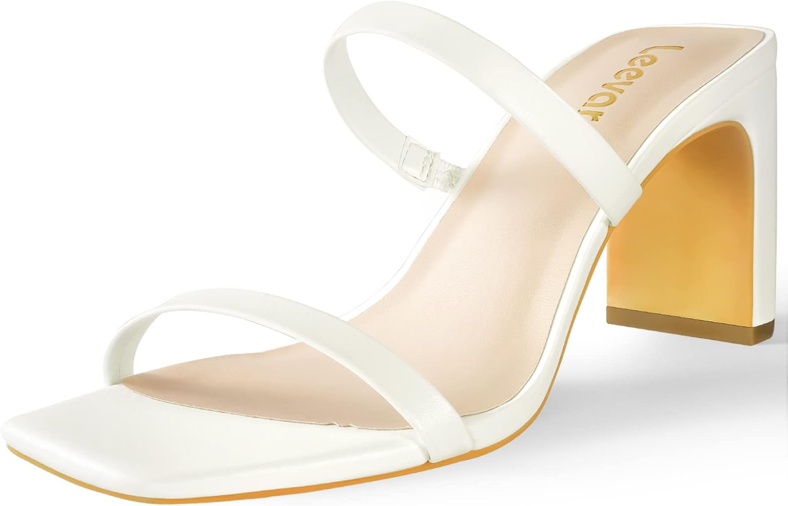Leevar Square Toe Heels Sandals - White Black Nude Heels Chunky Two Strap Low Heels for Women Lea... | Amazon (US)