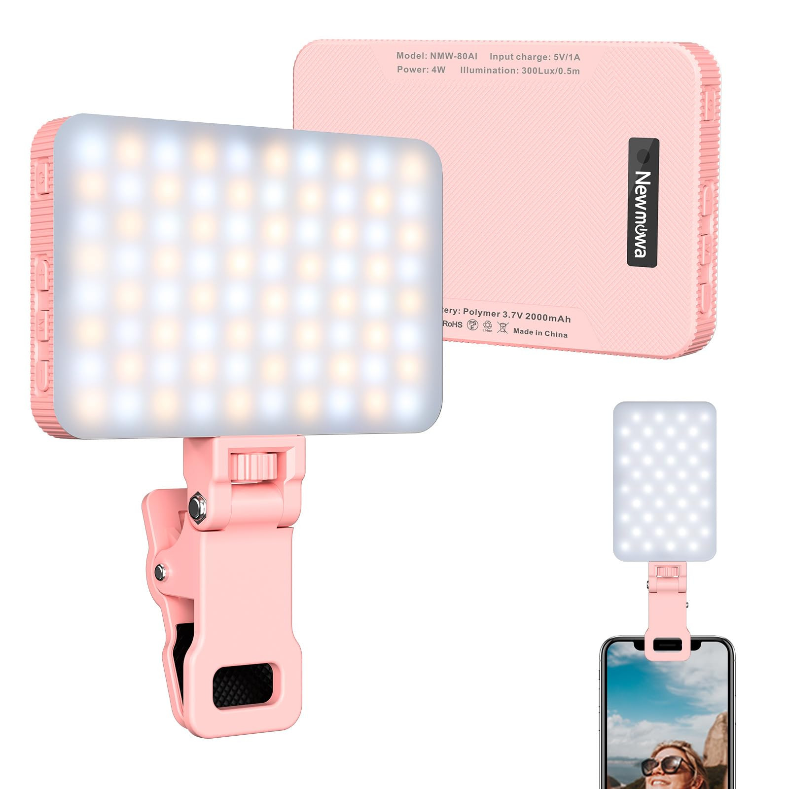 Newmowa Pink Rechargeable Selfie Light - Portable Clip on Video Light for Phone/Laptop/Camera wit... | Amazon (US)