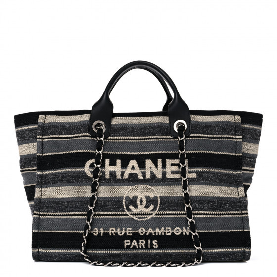 CHANEL Striped Canvas Medium Deauville Tote Grey Black | Fashionphile