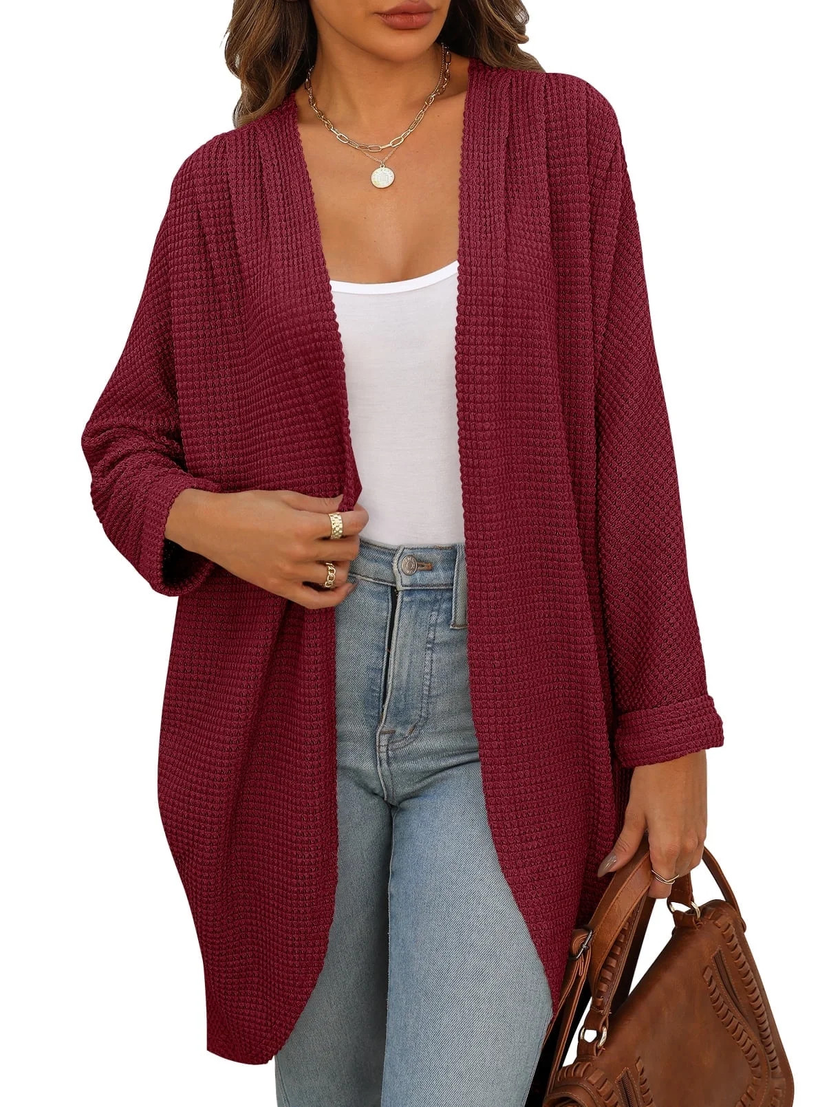 YOGAFOX Women's Fall Waffle Sweater Cardigan Batwing Long Sleeve Loose Open Front Knit Coat S-XXL | Walmart (US)