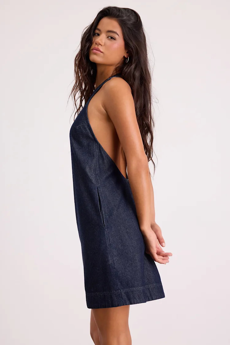 Dema Dark Wash Denim Backless Mini Dress | Lulus