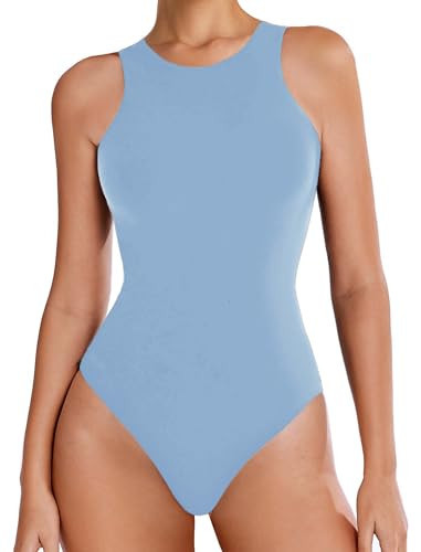 Avidlove Body Suits for Womens Crew Neck Sleeveless Body Suit Snap Closure Bodysuit Blue Tank Tops(Light Blue,L) | Amazon (US)