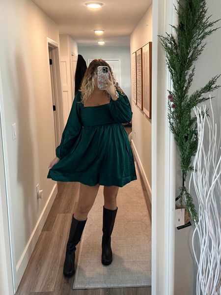 Love this dress for the holidays! 

Holiday outfit, holiday dress, Abercrombie dress, black knee high boots, holiday party dress, midsize fashion, 

#LTKHoliday #LTKshoecrush #LTKparties